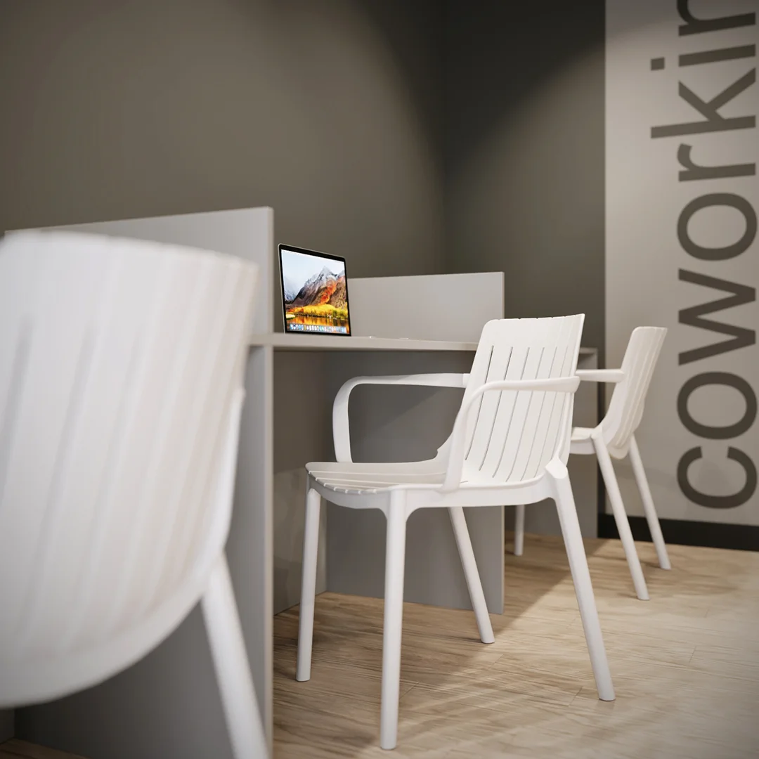 Coworking com poltronas brancas